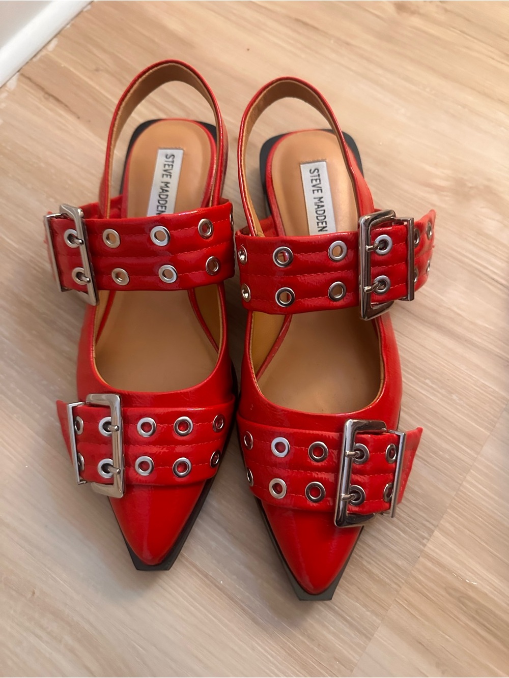 Steve Madden Red Buckled Pointed Slingback Mules